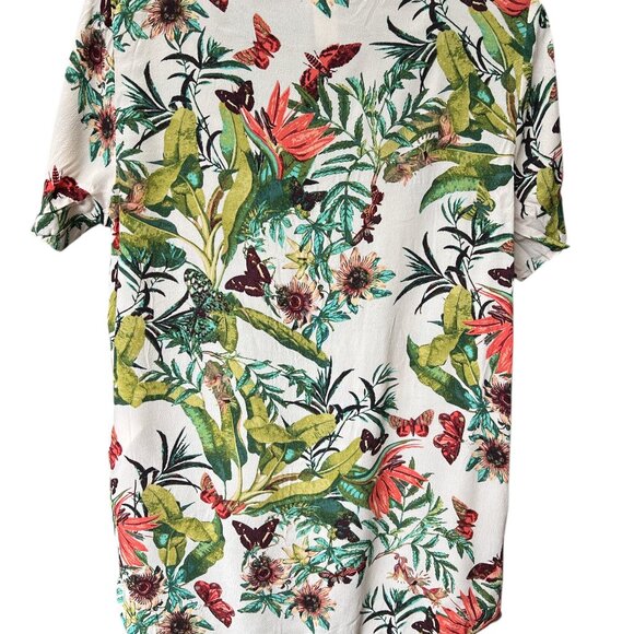 H&M Hawaiian Tropical Top Floral Blouse Short Sleeve Sheer White Vacation Sz 4 - Picture 4 of 5